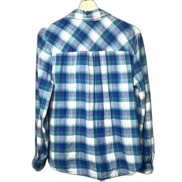 Express Top Long Sleeve Button Up Shirt Plaid Green Purple Sparkle Large Western - Picture 2 of 5